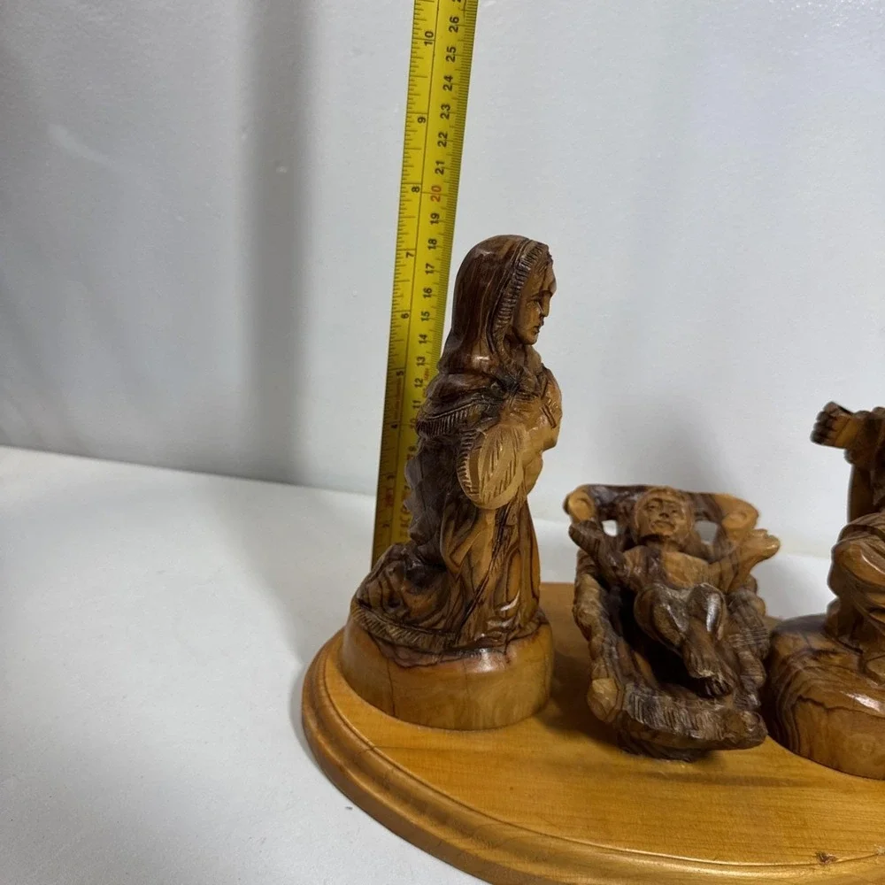 Hand Carved Olive Wood Nativity Scene Holy Family Manger Set on Wooden Base